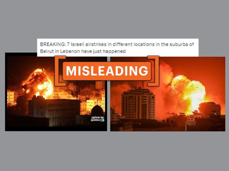 This image is a screenshot of a social media post showing massive fireballs after an attack by Israel in Lebanon. The image is overlaid with false sticker on it.